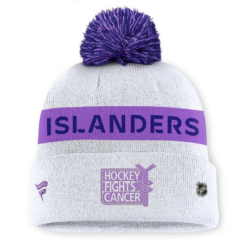 【送料無料】 ファナティクス メンズ 帽子 アクセサリー Men's Fanatics White New York Islanders Hockey Fights Cancer Authentic Pro Cuffed Knit Hat with Pom Isl White