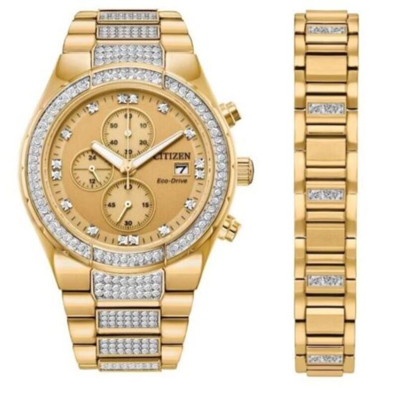 【送料無料】 シチズン メンズ 腕時計 アクセサリー Citizen Men's Eco-Drive Crystal Accent Gold Tone Stainless Steel Watch & Bracelet Box Set - CA0752-66P Gold