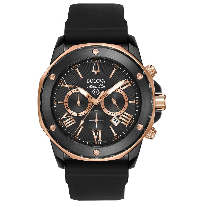 【送料無料】 ブロバ メンズ 腕時計 アクセサリー Bulova Men's Marine Star Stainless Steel Black Chronograph Black Rubber Strap Watch - 98B307 Black