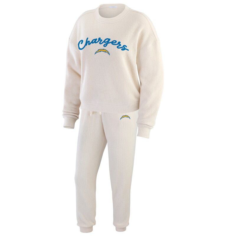 【送料無料】 ウェア バイ エリン アンドルーズ レディース ナイトウェア アンダーウェア Women's WEAR by Erin Andrews Oatmeal Los Angeles Chargers Rib-Knit Long Sleeve T-Shirt & Pants Lounge Set Chg Multi