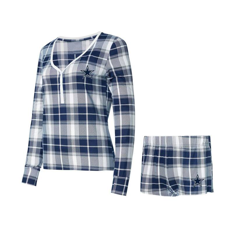 楽天ReVida 楽天市場店【送料無料】 アンブランデッド レディース ナイトウェア アンダーウェア Women's Concepts Sport Navy/Silver Dallas Cowboys Ashford Long Sleeve V-Neck Top & Short Set Cow Navy