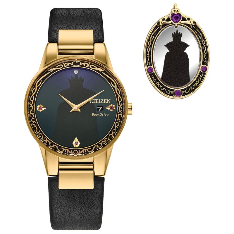 【送料無料】 シチズン レディース 腕時計 アクセサリー Disney's Villians Evil Queen Citizen Women's Eco-Drive Gold Tone Stainless Steel Black Leather Strap Watch & Pin Box Set Black