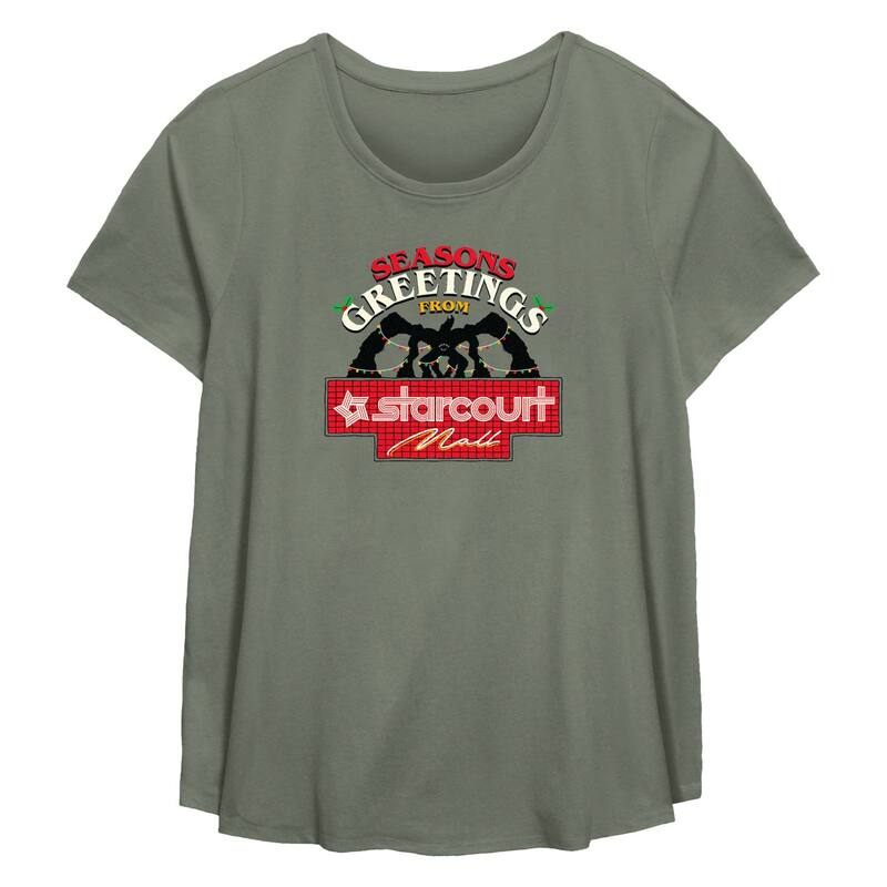 アニメキャラクター レディース トップス Tシャツ プラスサイズ グラフィック Licensed Character Plusize Stranger Thingseason's Greetings From Starcourt Mall Flowy Graphic Tee Sage セージ