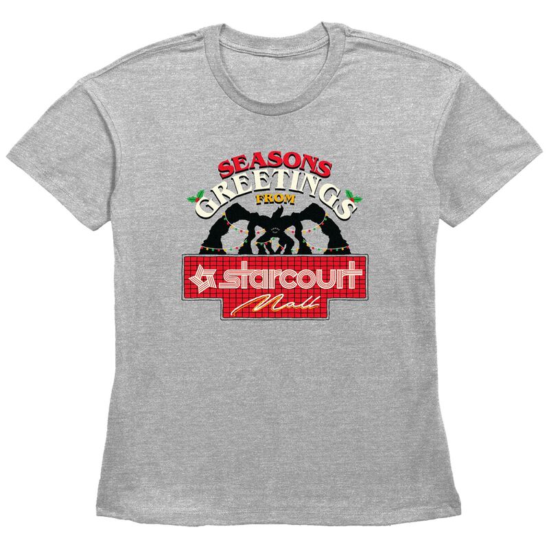 アニメキャラクター レディース トップス Tシャツ グラフィック Licensed Character Women'stranger Thingseason's Greetings From Starcourt Mall Graphic Tee Heather Gray グレー