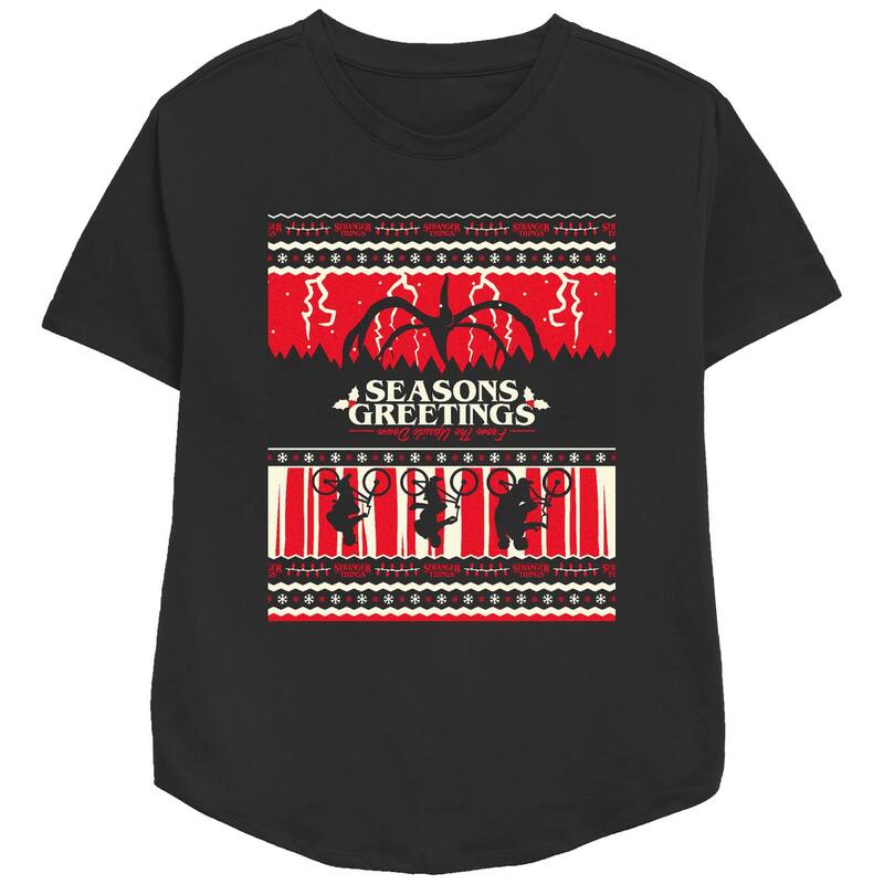 アニメキャラクター レディース トップス Tシャツ リラックスフィット ダウン グラフィック Licensed Character Women'stranger Thingseason's Greeting From The Upside Down Relaxed Fit Graphic Tee Black ブラック