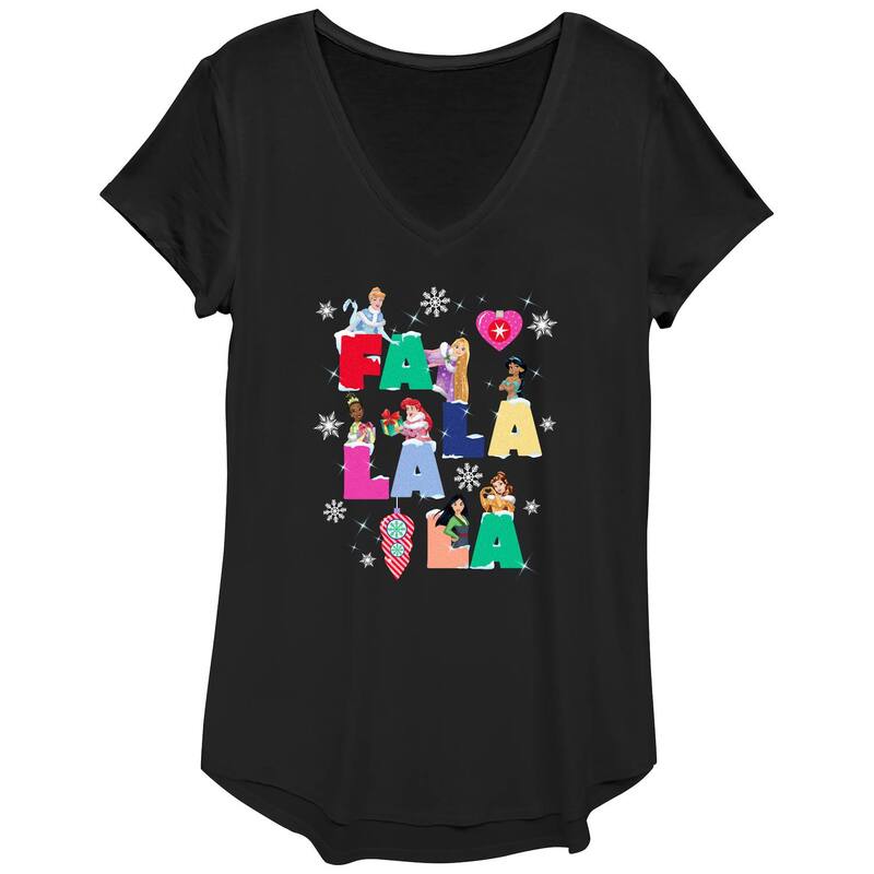 【送料無料】 ディズニー レディース Tシャツ トップス Disney Princess Cinderella Rapunzel Jasmine Tiana Ariel Mulan & Belle Fa La La La Christmas Singing Women's Graphic Tee Black