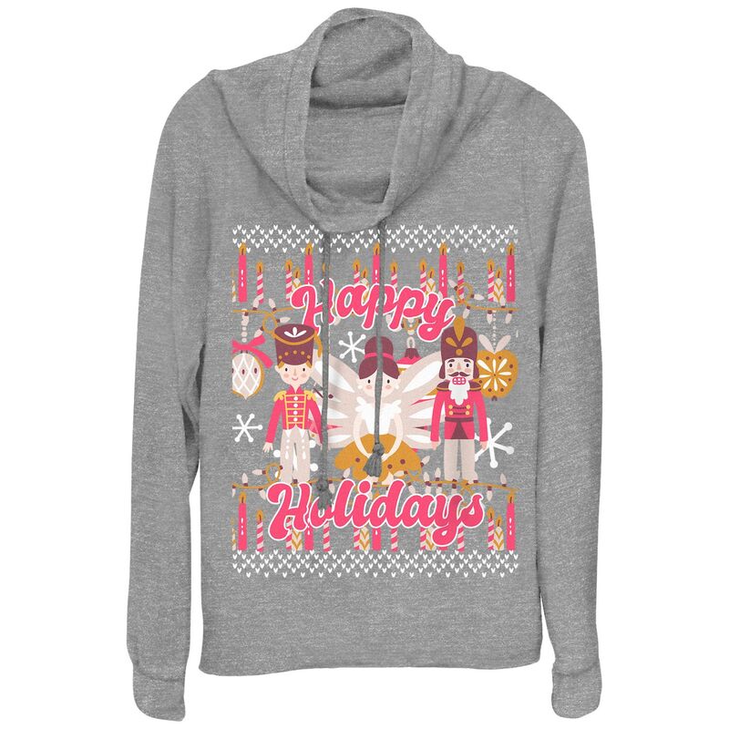 【送料無料】 アンブランデッド レディース Tシャツ トップス Women's Happy Holidays From The Nutcracker And Ballerina Cowlneck Graphic Lightweight Long Sleeve Gray Heather