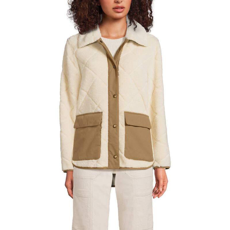  ランズエンド レディース ジャケット・ブルゾン アウター Womens Lands' End Sherpa Fleece Quilted Jacket Ivory Pearl Tan