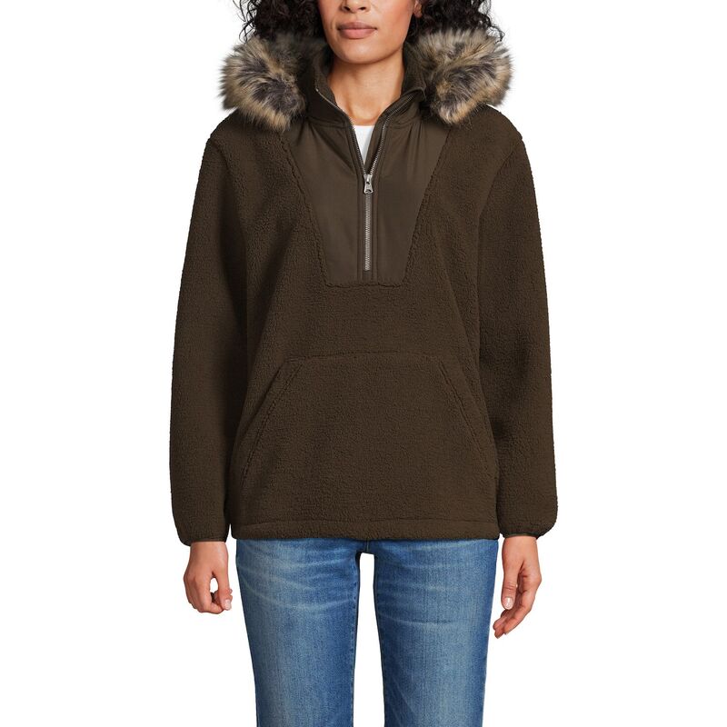 【送料無料】 ランズエンド レディース ジャケット・ブルゾン アウター Women's Lands' End Faux Fur Hooded Half Zip Sherpa Fleece Pullover Deep Chocolate