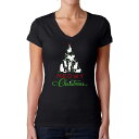 【送料無料】 エルエーポップアート レディース Tシャツ トップス Meowy Christmas Tree - Women's Word Art V-neck T-shirt Black
