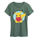【送料無料】 ライセンス キャラクター レディース Tシャツ トップス Women's Pokemon Pikachu Heart Graphic Tee Heather Green