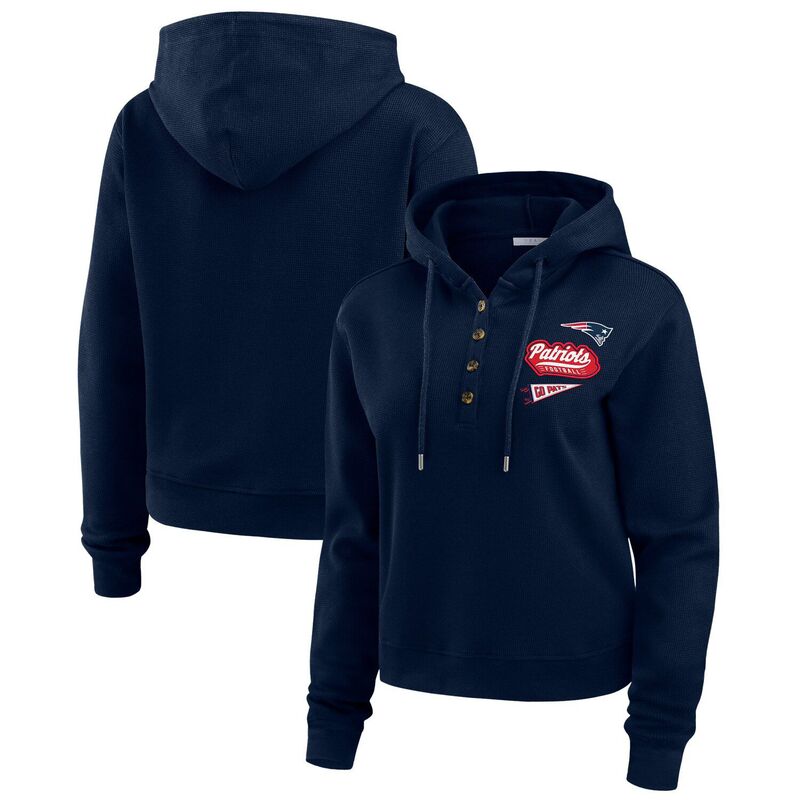 【送料無料】 ウェア バイ エリン アンドルーズ レディース Tシャツ トップス Women's WEAR by Erin Andrews Navy New England Patriots Waffle-Knit Pullover Hoodie Pat Navy