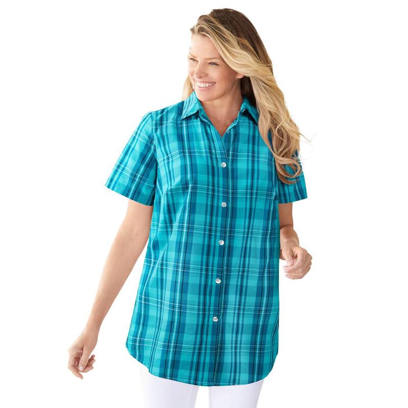 【送料無料】 ウーマン ウィズイン レディース シャツ トップス Woman Within Women's Plus Size Perfect Short Sleeve Shirt Aquamarine Plaid