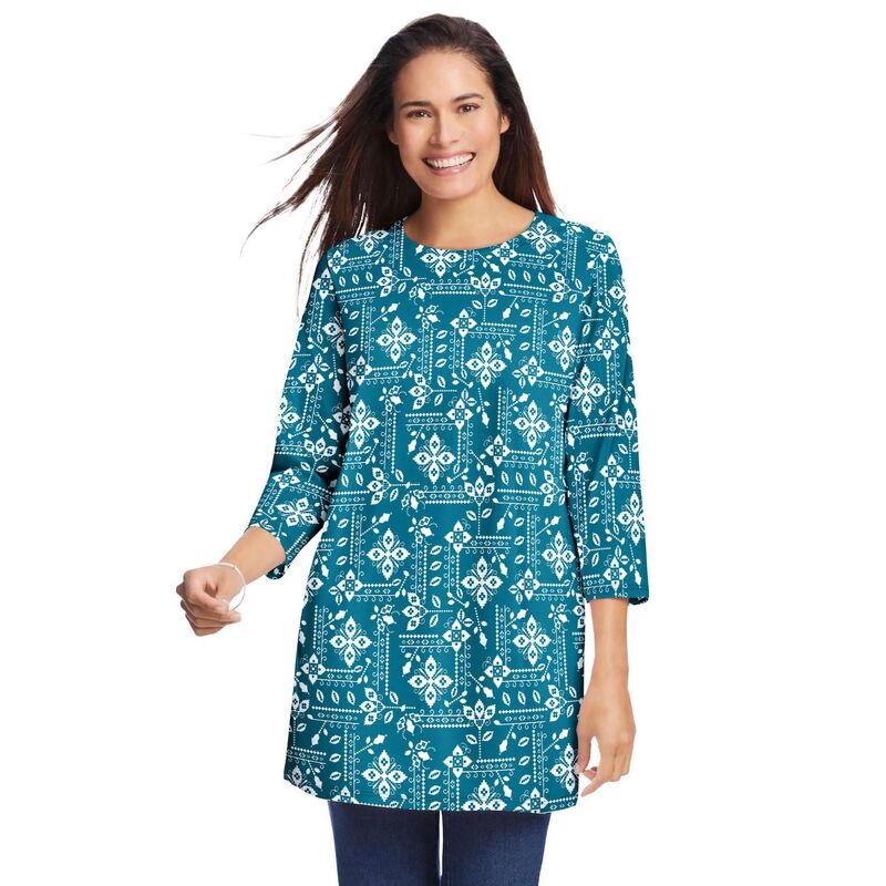 【送料無料】 ウーマン ウィズイン レディース Tシャツ トップス Woman Within Women's Plus Size Perfect Printed Three-Quarter Sleeve Crewneck Tunic Deep Teal Patchwork