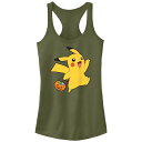 【送料無料】 ライセンス キャラクター レディース Tシャツ トップス Juniors' Pokemon Pikachu Trick Or Treating Racerback Tank Top Military Green