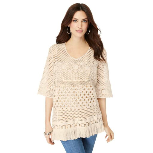【送料無料】 ロアマンズ レディース ニット・セーター アウター Roaman's Women's Plus Size Fringed Crochet Sweater Oatmeal 【送料無料】 ロアマンズ レディース ニット・セーター アウター Roaman's Women's Plus Size Fringed Crochet Sweater Oatmeal