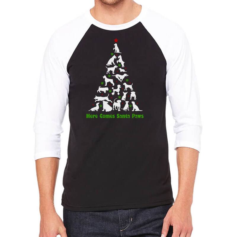 【送料無料】 エルエーポップアート メンズ Tシャツ トップス Here Comes Santa Paws - Men's Raglan Baseball Word Art T-shirt Black White