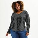【送料無料】 ソノマ レディース Tシャツ トップス Plus Size Sonoma Goods For LifeR Everyday Long Sleeve V-Neck Tee Deep Black Stripe(4)