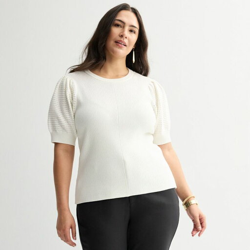 【送料無料】 ナインウェスト レディース ニット・セーター アウター Plus Size Nine West Open Stitch Short Sleeve Sweater Tee Daisy Dew 【送料無料】 ナインウェスト レディース ニット・セーター アウター Plus Size Nine West Open Stitch Short Sleeve Sweater Tee Daisy Dew