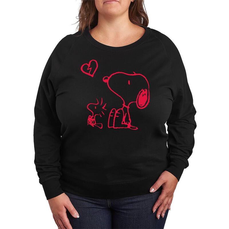 【送料無料】 ライセンス キャラクター レディース Tシャツ トップス Plus Size Peanuts Snoopy & Woodstock Broken Heart French Terry Long Sleeve Tee Black