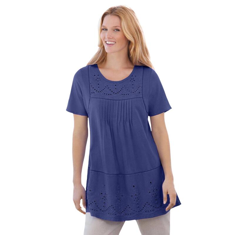 【送料無料】 ウーマン ウィズイン レディース Tシャツ トップス Woman Within Women's Plus Size Embroidered Eyelet Pintucked Tunic Ultra Blue