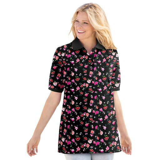 【送料無料】 ウーマン ウィズイン レディース Tシャツ トップス Woman Within Women's Plus Size Elbow-sleeve Polo Tunic Black Multi Floral 【送料無料】 ウーマン ウィズイン レディース Tシャツ トップス Woman Within Women's Plus Size Elbow-sleeve Polo Tunic Black Multi Floral