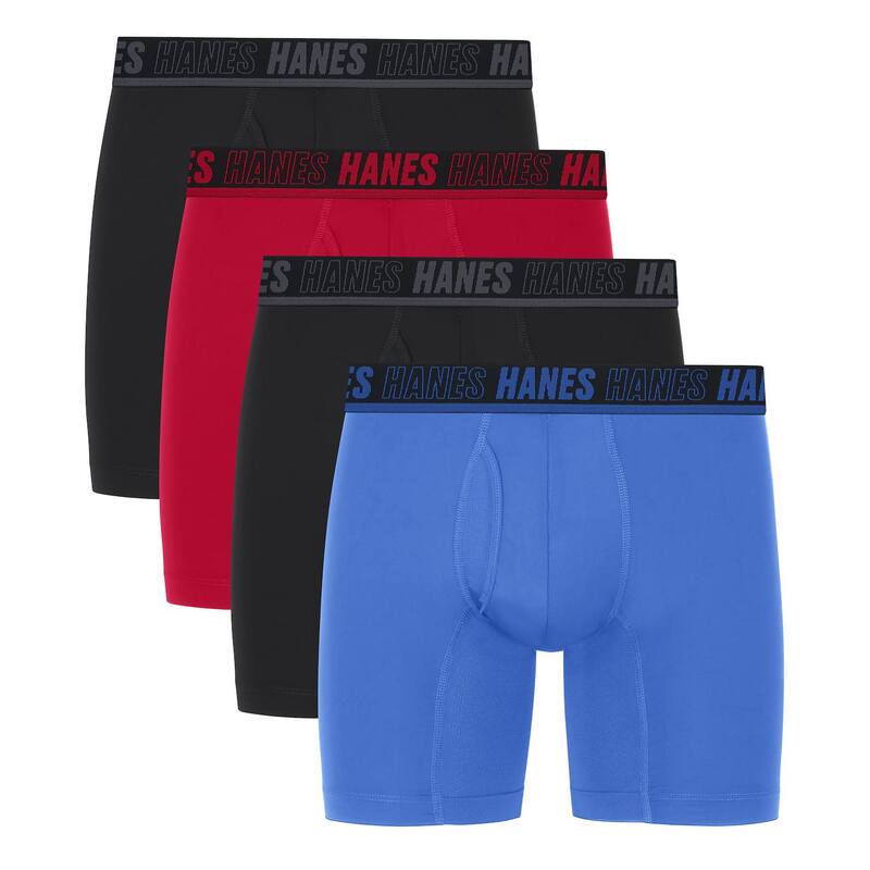 【送料無料】 ヘインズ メンズ ボクサーパンツ アンダーウェア Hanes Moves Ultimate 4-Pack Men’s Anti-Chafe Boxer Brief Underwear X-Temp Assorted 6" Black Red