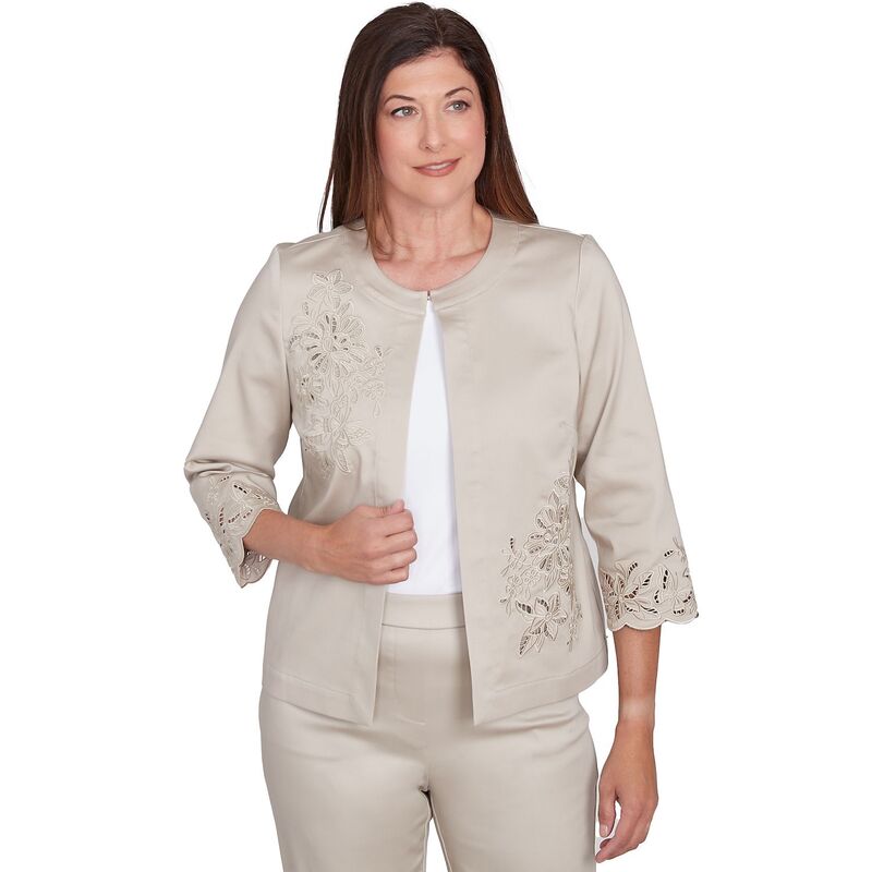 【送料無料】 アルフレッド ダナー レディース ジャケット・ブルゾン アウター Women's Alfred Dunner Floral Cut Out Sateen Jacket Almond
