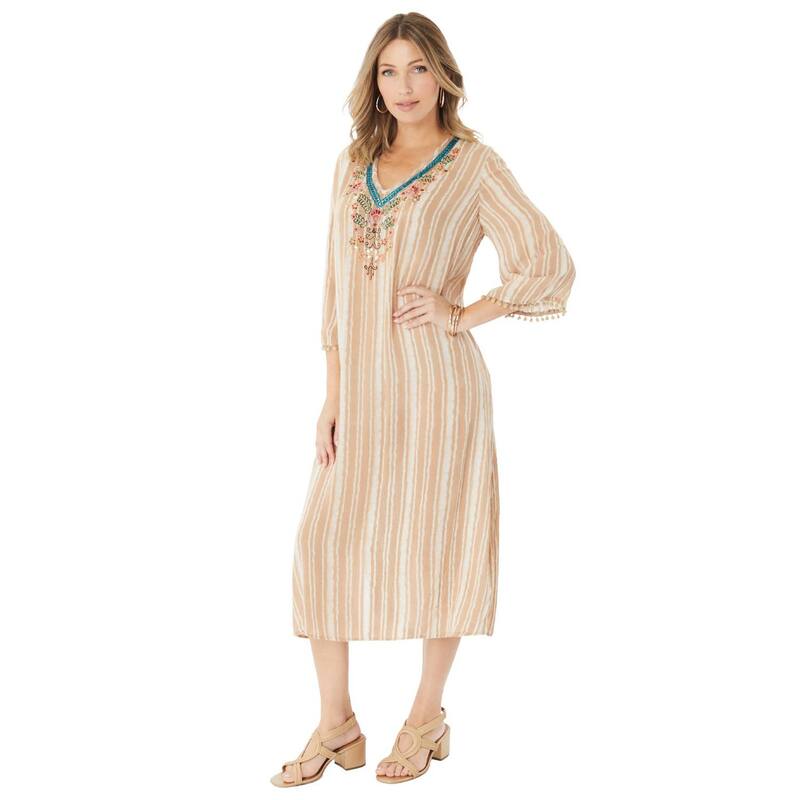 【送料無料】 ロアマンズ レディース ワンピース トップス Roaman's Women's Plus Size Embellished Crinkle Kaftan Khaki Embellished