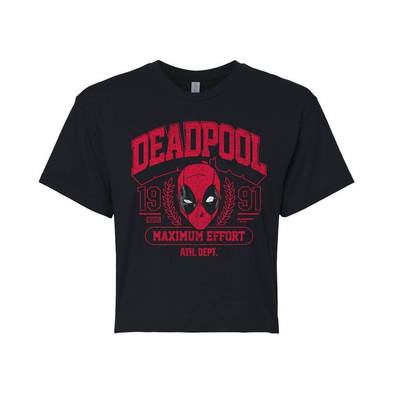 マーベル レディース トップス Tシャツ クロップド マキシ Juniors' Marvel Deadpool Retro Collegiate Maximum Effort Cropped Tee Black ブラック(4)