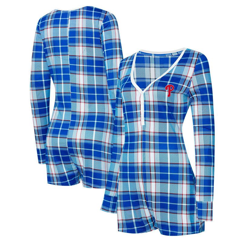 【送料無料】 アンブランデッド レディース ナイトウェア アンダーウェア Women's Concepts Sport Royal Philadelphia Phillies Ashford Plaid V-Neck Knit Romper Phl Blue