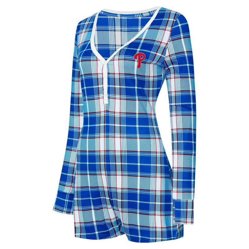 【送料無料】 アンブランデッド レディース ナイトウェア アンダーウェア Women's Concepts Sport Royal Philadelphia Phillies Ashford Plaid V-Neck Knit Romper Phl Blue