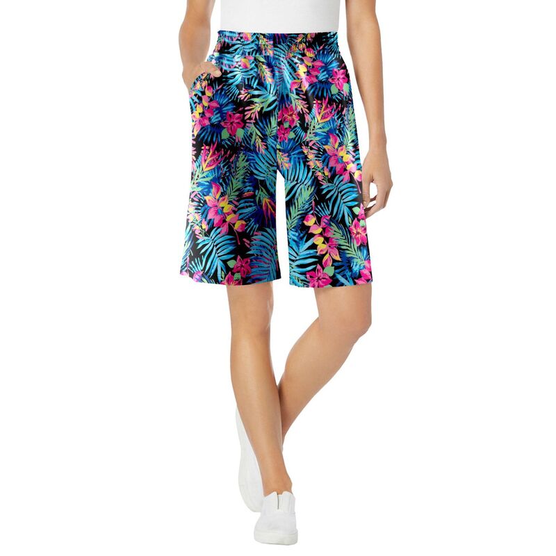 【送料無料】 ウーマン ウィズイン レディース ハーフパンツ・ショーツ ボトムス Woman Within Women's Plus Size Elastic-waist Knit Short Black Multi Tropicana