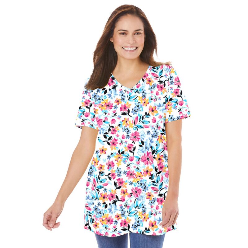 ウーマン ウィズイン レディース トップス Tシャツ Vネック プラスサイズ プリント 半袖 Woman Within Women's Plusize Perfect Printed Short-sleeve V-neck Tunic White Painterly Bloom ホワイト