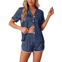 【送料無料】 cheibear レディース ナイトウェア アンダーウェア Women's Satin Silky 2 Piece Pjs Short Sleeve Sleepwear Button Down Loungewear Shorts Pajamas Set Navy