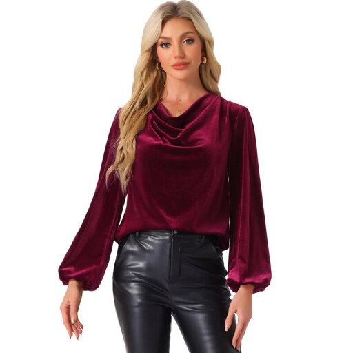 【送料無料】 アレグラ ケー レディース Tシャツ トップス Casual Velvet Blouse for Women's Cowl Neck Lantern Sleeve Tops Wine Red 【送料無料】 アレグラ ケー レディース Tシャツ トップス Casual Velvet Blouse for Women's Cowl Neck Lantern Sleeve Tops Wine Red