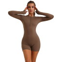 【送料無料】 アレグラ ケー レディース シャツ トップス Women's Front Zipper Jumpsuit Shorts Long Sleeve Slim Fit Unitard Bodysuit Stretchy Workout Outfit Brown
