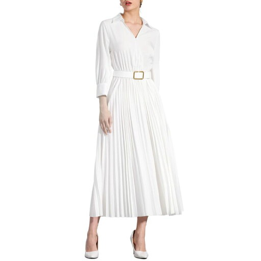 【送料無料】 アレグラ ケー レディース ワンピース トップス Dressy Casual Pleated Dress for Women's Collar V Neck Belted Maxi Dresses White 【送料無料】 アレグラ ケー レディース ワンピース トップス Dressy Casual Pleated Dress for Women's Collar V Neck Belted Maxi Dresses White