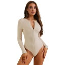 【送料無料】 アレグラ ケー レディース シャツ トップス Women's Zip Front Full Bodysuit Shapewear Long Sleeve Slim Fit Knit Body Shaper Beige