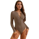 【送料無料】 アレグラ ケー レディース シャツ トップス Women's Zip Front Full Bodysuit Shapewear Long Sleeve Slim Fit Knit Body Shaper Brown