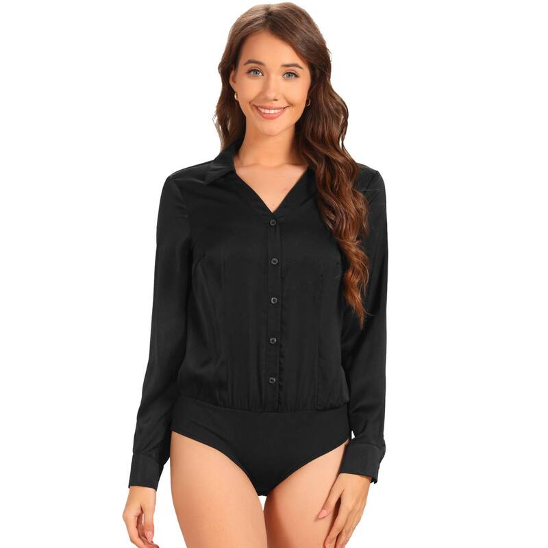 アレグラ ケー レディース トップス Tシャツ ボタンダウン ボディースーツ ALLEGRA K Button Down Business Bodysuit for Women's One-piece Collared Long Sleeve Work Shirt Casual Tops Black ブラック