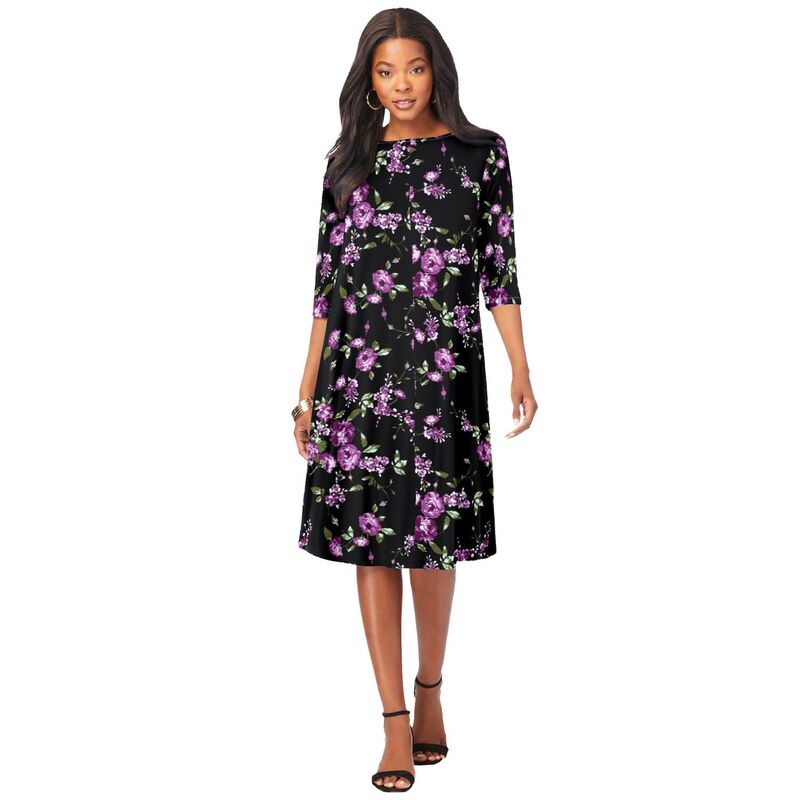 【送料無料】 ロアマンズ レディース ワンピース トップス Roaman's Women's Plus Size Ultrasmooth Fabric Boatneck Swing Dress Purple Rose Floral