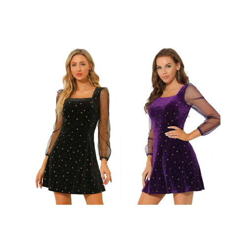【送料無料】 アレグラ ケー レディース ワンピース トップス 2 Packs Women's Mesh Sheer Long Sleeve Square Neck Velvet Star Prom Dress Black Purple 【送料無料】 アレグラ ケー レディース ワンピース トップス 2 Packs Women's Mesh Sheer Long Sleeve Square Neck Velvet Star Prom Dress Black Purple