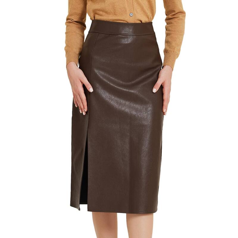 【送料無料】 アレグラ ケー レディース スカート ボトムス Women's Vintage High Waist Side Slit PU Leather Pencil Midi Skirt Brown