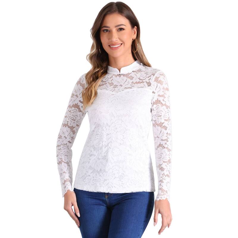 【送料無料】 アレグラ ケー レディース シャツ トップス Semi Sheer Lace Blouse for Women's Long Sleeve Round Neck Work Casual Vintage Top White