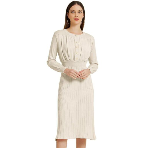 【送料無料】 アレグラ ケー レディース ワンピース トップス Women's Ribbed Knit Dress Crew Neck Pleated Lantern Sleeve Midi A-line Dresses Beige 【送料無料】 アレグラ ケー レディース ワンピース トップス Women's Ribbed Knit Dress Crew Neck Pleated Lantern Sleeve Midi A-line Dresses Beige