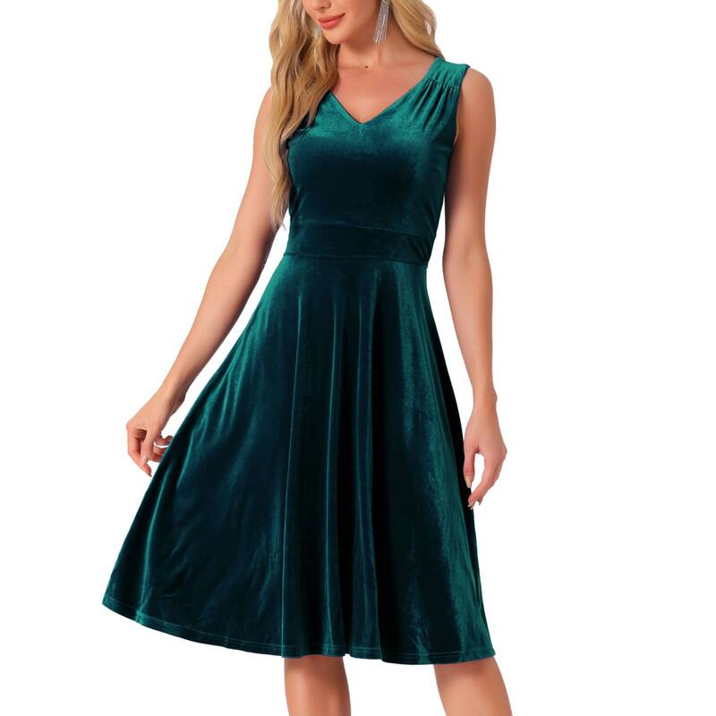 【送料無料】 アレグラ ケー レディース ワンピース トップス Sleeveless Velvet Dress for Women's Elegant V Neck a Line Flowy Cocktail Party Midi Dresses Green
