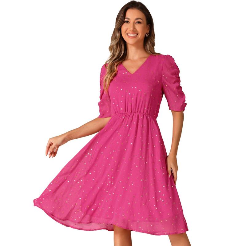 【送料無料】 アレグラ ケー レディース ワンピース トップス Chiffon Dress for Women's Metallic Stars Ruched Sleeve V Neck A-line Dress Hot Pink