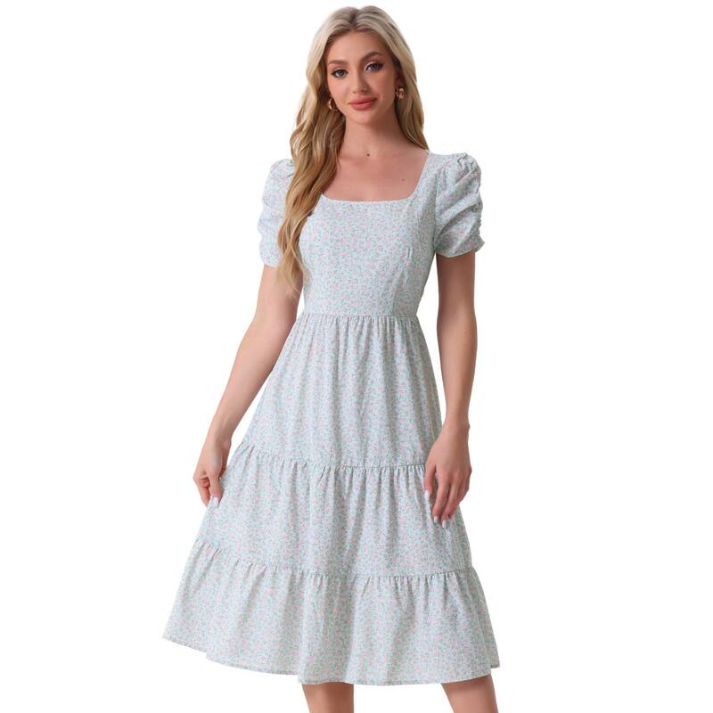 ̵ 쥰  ǥ ԡ ȥåץ Women's Floral Square Neck Puffy Short...