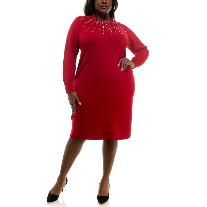 【送料無料】 ニナレオナルド レディース ワンピース トップス Plus Size Nina Leonard Heatseal Sweater Dress Nina Red